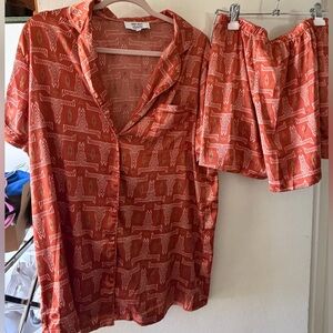 Coral Printed Short-Sleeve Satin Pajama Set